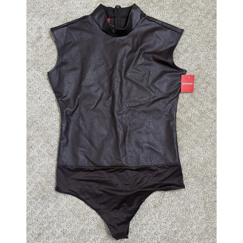 NEW Spanx | Faux Leather Bodysuit, size L Mock Neck Chocolate Brown - Picture 11 of 16